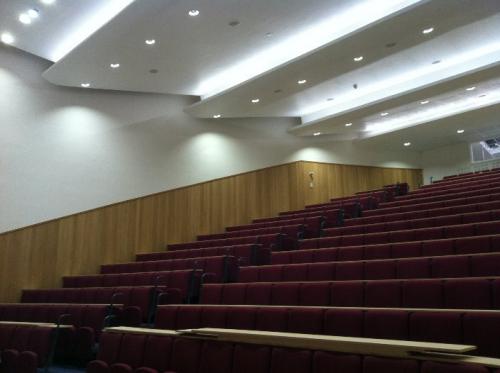 wooden cladding on lecture hall wall