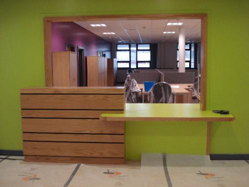 green reception desk