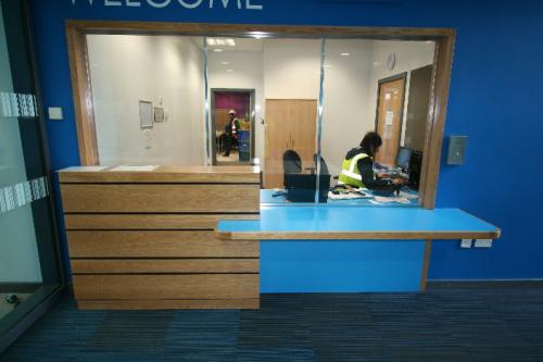 blue reception desk